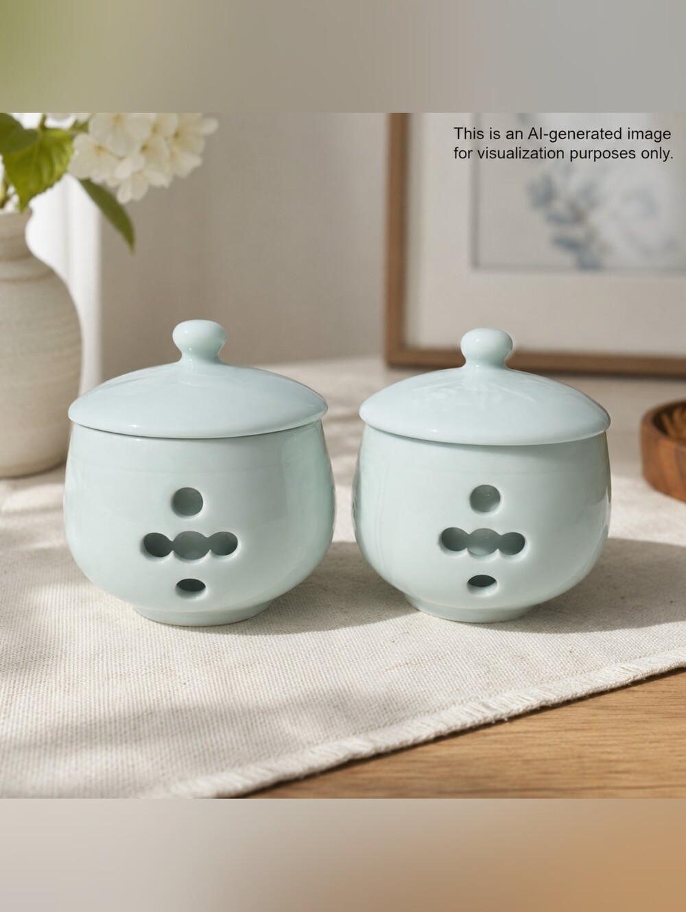 Vintage Japanese Celadon Double Walled Lidded Jars Set of 2 Grapevine Mint